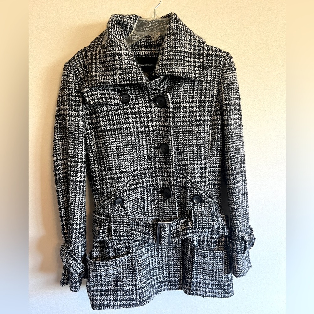 MODA International black and white wool knit trench coat.